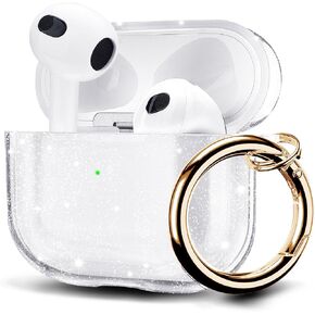 AIRSPO Airpods 3 Case Cover, Clear Soft TPU Protective Cover Compatible with Apple AirPods 3rd Generation Wireless Charging Case with Keychain (Glitter Pink)