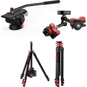 IFOOTAGE Camera Tripod Bundle – 65" Aluminum Tripod, Komodo K5S Fluid Drag Pan Head, and 11" Adjustable Magic Arm for DSLR Cameras, Camcorders, Monitors, and Video Vlogging