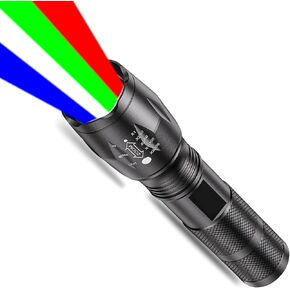Pocketman Multicolor LED Flashlight Rechargeable Red Flashlight 4 in 1 White Light and Blue Lights and Green Lights Suitable for Outdoor Night Fishing Camping Hiking