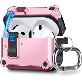 VOFUOE for AirPods 4 Case with Secure Lock Clip Keychain Shockproof Hard Case Protective Cover for Airpods 4th Generation 2024-Rose Pink