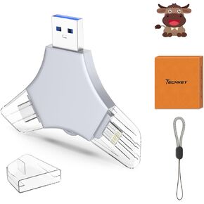 USB 3.0 Flash Drive 64gb for iPhone, 3in1 External Memory Picture Keeper Storage Stick for Photo/Video/Data Saver/Backup, V7.26High Speed Thumb Drives for iPhone/iPad/Android/PC - Ashen