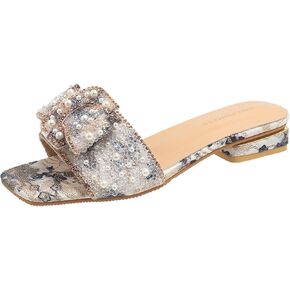 Women's Pearl Ruffle Chunky Heel Slippers Fashion Square Open Toe Low Block Heels Slip-On Slide Sandals Sexy Sweet Anti-Slip Party Prom Slippers