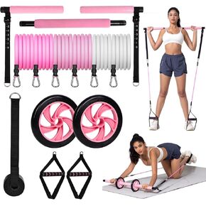 Pilates Bar Kit with Resistance Bands, Pilates Equipment Exercise Bars with Rollers for Abdominal Exercise, Portable Home Gym Equipment, Men's and Women's Total Body Exercise Equipment