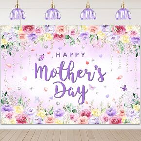 Avezano 7x5ft Happy Mothers Day Backdrop Purple Floral Butterfly Mother's Day Photography Background Purple Mothers Day Party Decoration Supplies