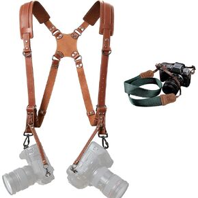 Padwa Lifestyle Dual Camera Harness Strap for Two-Cameras - Dual Shoulder Full Grain Leather Harness,Multi Double Camera Gear for DSLR/SLR Strap and Dark Green Camera Strap