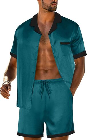 PrinStory Men Satin Silk Pajamas Sets Sleepwear Shorts for Men Casual Loungewear 2 Piece Button Down Fashion 2024 in Kuwait
