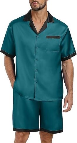 PrinStory Men Satin Silk Pajamas Sets Sleepwear Shorts for Men Casual Loungewear 2 Piece Button Down Fashion 2024 in Kuwait