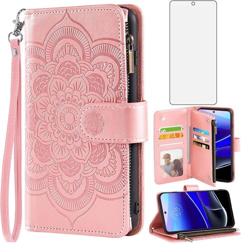 Asuwish Phone Case for Motorola Moto G Stylus 5G 2022 Wallet Cover with Tempered Glass Screen Protector and Flower Flip Credit Card Holder Cell Accessories XT2215-1 XT2215-4 XT2215DL Women Rose Gold in Kuwait