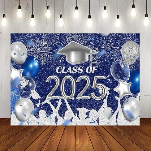 Lofaris Class of 2025 Party Photography Backdrop Royal Blue and Silver Congrats Grad Graduation Caps Background Celebration Graduation Prom Party Decor Banner Photo Booth Props 7x5ft in Kuwait