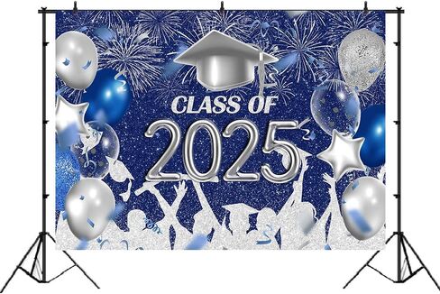 Lofaris Class of 2025 Party Photography Backdrop Royal Blue and Silver Congrats Grad Graduation Caps Background Celebration Graduation Prom Party Decor Banner Photo Booth Props 7x5ft in Kuwait