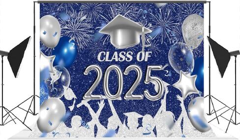 Lofaris Class of 2025 Party Photography Backdrop Royal Blue and Silver Congrats Grad Graduation Caps Background Celebration Graduation Prom Party Decor Banner Photo Booth Props 7x5ft in Kuwait