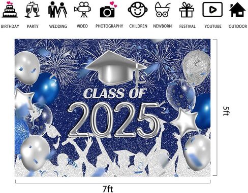 Lofaris Class of 2025 Party Photography Backdrop Royal Blue and Silver Congrats Grad Graduation Caps Background Celebration Graduation Prom Party Decor Banner Photo Booth Props 7x5ft in Kuwait