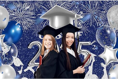Lofaris Class of 2025 Party Photography Backdrop Royal Blue and Silver Congrats Grad Graduation Caps Background Celebration Graduation Prom Party Decor Banner Photo Booth Props 7x5ft in Kuwait