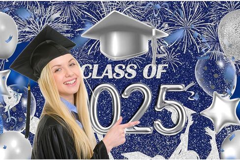 Lofaris Class of 2025 Party Photography Backdrop Royal Blue and Silver Congrats Grad Graduation Caps Background Celebration Graduation Prom Party Decor Banner Photo Booth Props 7x5ft in Kuwait