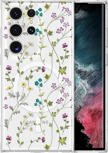 Raleavo for Samsung Galaxy S23 Ultra Case متوافق مع Magsafe Clear Floral Case مع نمط فرع الزهور للفتيات النحيفات اللطيفة الصدمية الصدمية ل S23 Ultra Phone Case in Kuwait