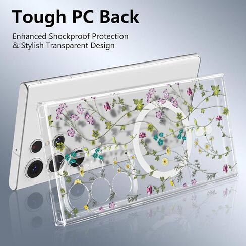 Raleavo for Samsung Galaxy S23 Ultra Case متوافق مع Magsafe Clear Floral Case مع نمط فرع الزهور للفتيات النحيفات اللطيفة الصدمية الصدمية ل S23 Ultra Phone Case in Kuwait