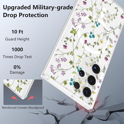 Raleavo for Samsung Galaxy S23 Ultra Case متوافق مع Magsafe Clear Floral Case مع نمط فرع الزهور للفتيات النحيفات اللطيفة الصدمية الصدمية ل S23 Ultra Phone Case in Kuwait
