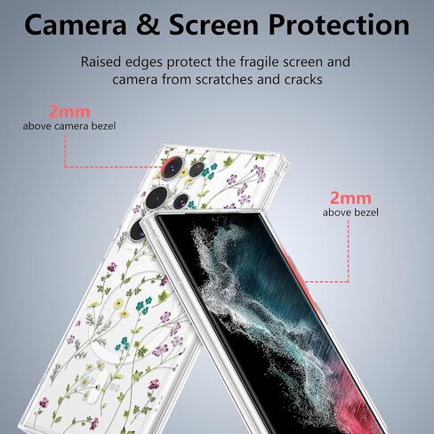 Raleavo for Samsung Galaxy S23 Ultra Case متوافق مع Magsafe Clear Floral Case مع نمط فرع الزهور للفتيات النحيفات اللطيفة الصدمية الصدمية ل S23 Ultra Phone Case in Kuwait