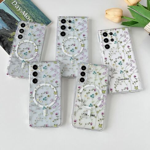 Raleavo for Samsung Galaxy S23 Ultra Case متوافق مع Magsafe Clear Floral Case مع نمط فرع الزهور للفتيات النحيفات اللطيفة الصدمية الصدمية ل S23 Ultra Phone Case in Kuwait