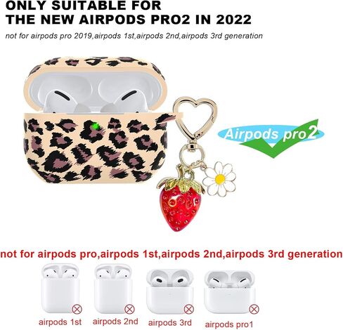 for AirPods Pro 2 Case Cover, Cute Strawberry Charm Keychain, Kawaii Heart Flower Daisy Key Chains for Apple AirPods Pro Gen 2 Charging Case Cover Khaki Leopard in Saudi Arabia