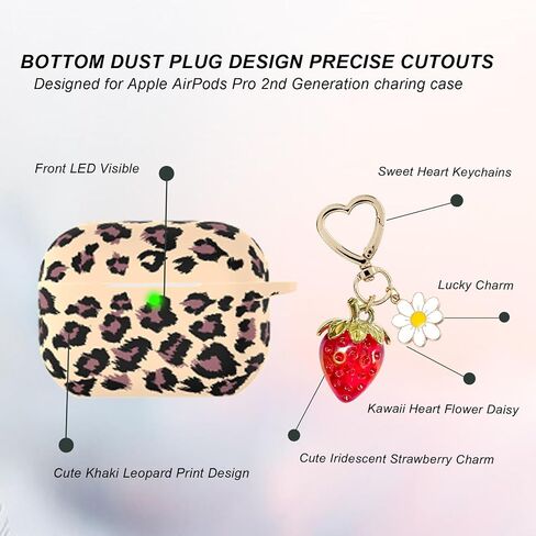 for AirPods Pro 2 Case Cover, Cute Strawberry Charm Keychain, Kawaii Heart Flower Daisy Key Chains for Apple AirPods Pro Gen 2 Charging Case Cover Khaki Leopard in Saudi Arabia