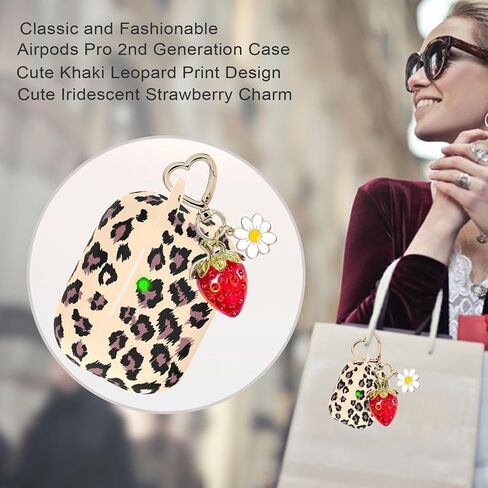 for AirPods Pro 2 Case Cover, Cute Strawberry Charm Keychain, Kawaii Heart Flower Daisy Key Chains for Apple AirPods Pro Gen 2 Charging Case Cover Khaki Leopard in Saudi Arabia