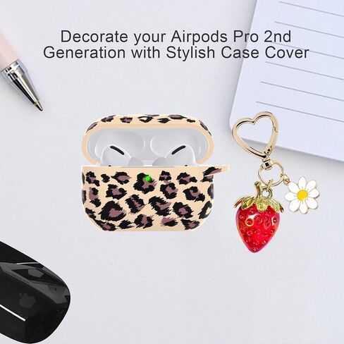 for AirPods Pro 2 Case Cover, Cute Strawberry Charm Keychain, Kawaii Heart Flower Daisy Key Chains for Apple AirPods Pro Gen 2 Charging Case Cover Khaki Leopard in Saudi Arabia