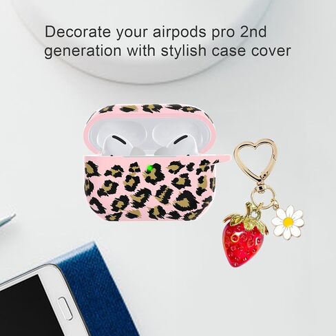 لغطاء Airpods Pro 2 Case ، سلسلة مفاتيح سحر الفراولة اللطيفة ، سلاسل مفاتيح Kawaii Heart Daisy لـ Apple Airpods Pro Gen 2 Cover Cover Khaki Leopard in Kuwait