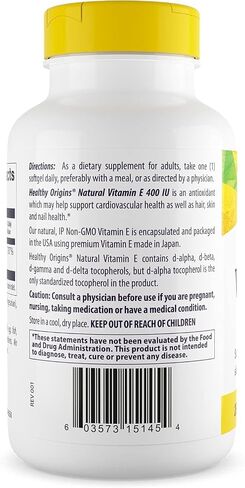 Healthy Origins Vitamin E, 400 IU with Naturally Sourced Mixed Tocopherols - Vitamin E Supplement - Non-GMO & Gluten-Free Skin, Hair, & Nails Vitamin - 90 Softgels in Kuwait