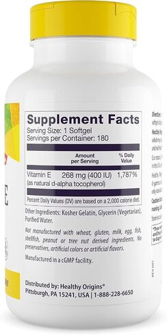 Healthy Origins Vitamin E, 400 IU with Naturally Sourced Mixed Tocopherols - Vitamin E Supplement - Non-GMO & Gluten-Free Skin, Hair, & Nails Vitamin - 90 Softgels in Kuwait
