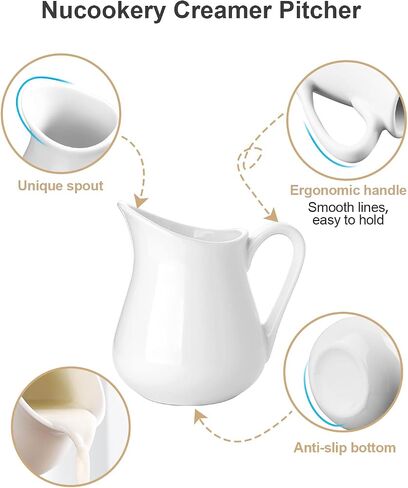 Nucookery Ceramic 4 Oz Creamer Pitcher Set, 2 Pack Creamer Container, Small Milk Pitcher Container, White Creamer Cups with Handle For Sauces Salad Coffee Milk, Microwave & Freezer Safe, Set of 2 in Kuwait