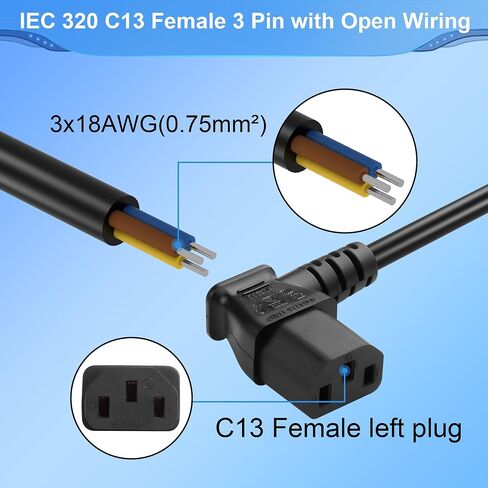 CERRXIAN 3.93FT IEC 320 C13 Female 3 Pin with Open Wiring Stripped, 18AWG C13 to Bare Wire Power Supply Heavy Duty Replacement Cable,Pigtail Open Cable (C13 Female - Right) in Saudi Arabia