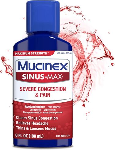 الاحتقان الشديد وتخفيف الآلام، Mucinex Sinus-Max Max Strength، 6oz يزيل احتقان الجيوب الأنفية والأنف، ويخفف الصداع والحمى، ويخفف المخاط ويخففه in Saudi Arabia