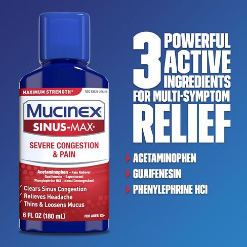 الاحتقان الشديد وتخفيف الآلام، Mucinex Sinus-Max Max Strength، 6oz يزيل احتقان الجيوب الأنفية والأنف، ويخفف الصداع والحمى، ويخفف المخاط ويخففه in Saudi Arabia