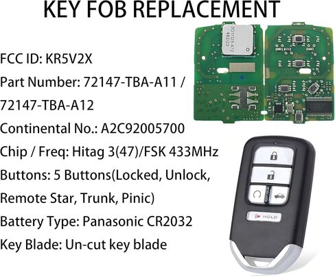 Smart Key Fob for Honda Civic 2016-2021, Alliskeys Proximity Key Fob Replacement for Honda Civic 2016-2021 KR5V2X 72147-TBA-A11 72147-TBA-A12 A2C92005700 in Saudi Arabia