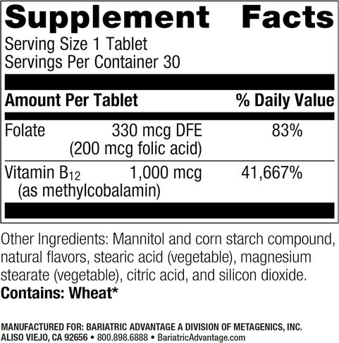 Bariatric Advantage B-12 Speedy Melts, Vitamin B12 1000 mcg Supplement, Fast Melting with 200 mcg of Folic Acid for Nutritional Support - Black Cherry, 30 Count in Kuwait