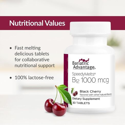 Bariatric Advantage B-12 Speedy Melts, Vitamin B12 1000 mcg Supplement, Fast Melting with 200 mcg of Folic Acid for Nutritional Support - Black Cherry, 30 Count in Kuwait