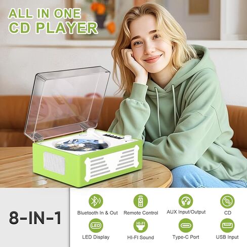 Portable Retro CD Player with Bluetooth Out & in, Vintage Desktop CD Player for Home with Speakers Support USB/AUX/Headphone Mode, Remote Control, White in Kuwait