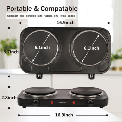 1800W Electric Hot Plate for Cooking, Double Burner with 7.2"&6.1" Aluminum Heating Plate, Portable Cooking Stove, Adjustable Temperature Controls, Easy to Clean, Compatible for All Cookwares in Saudi Arabia