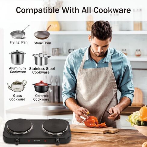 1800W Electric Hot Plate for Cooking, Double Burner with 7.2"&6.1" Aluminum Heating Plate, Portable Cooking Stove, Adjustable Temperature Controls, Easy to Clean, Compatible for All Cookwares in Saudi Arabia