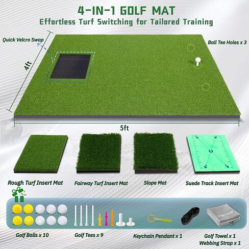 Durable Dual-Turf Golf Hitting Mat Set, 5x4ft Thickened Golf Mat for Indoor/Outdoor Golf Practice, Driving, Swinging, Chipping Mat, Compatible with Golf Simulators, Ideal for Men, Kids, Golfers in Kuwait