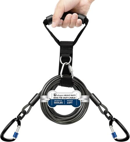 كابل مقود للكلاب شديد التحمل للفناء والتخييم، كابل مقود للكلاب مقاوم للصدأ مع مقبض حمل، لا يوجد حبل متشابك للكلاب المتوسطة والكبيرة التي يصل وزنها إلى 500 رطل، 30 قدمًا، أسود in Kuwait
