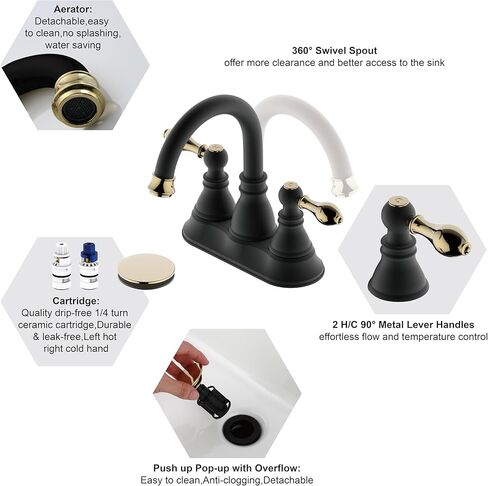 2 Handle Oil Rubbed Bronze Bathroom Sink Faucet with Overflow Pop up Drain, 3 Hole Faucet Faucet,360° Swivel Spout 4 Inch Centerset Lavatory Faucet,F-4501-NB in Kuwait