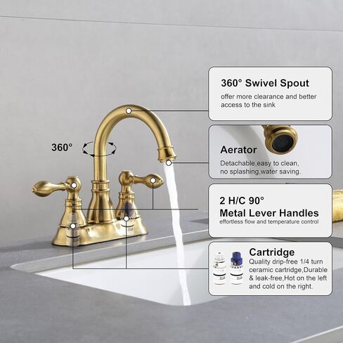 2 Handle Oil Rubbed Bronze Bathroom Sink Faucet with Overflow Pop up Drain, 3 Hole Faucet Faucet,360° Swivel Spout 4 Inch Centerset Lavatory Faucet,F-4501-NB in Kuwait