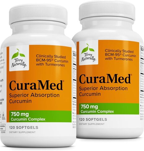 Terry Naturally CuraMed 750 مجم مركب الكركمين - 120 كبسولة هلامية، عبوة من 2 - امتصاص فائق BCM-95 - غير معدّل وراثيًا، خالي من الغلوتين، حلال - 240 وجبة إجمالية in Kuwait