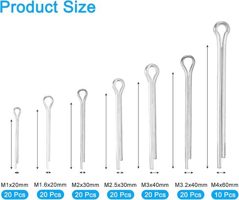 uxcell 80Pcs 7 Sizes 304 Stainless Steel Cotter Pin Split Pin Assortment Kit, Split Cotter Fastener Clips for Household Appliances, Sports Equipment, Car Mechanics Repair (Silver) in Saudi Arabia