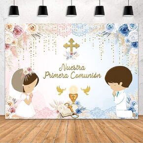 MEHOFOND 7x5ft Boho Baptism Backdrop for Boys Mi Primera Comunion Christening Photography Background God Bless First Holy Communion Mi Bautizo Chalice Pampas Grass Party Decorations Banner Photo Props