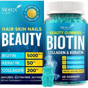 Hair Vitamins Natural Gummies - Biotin Multivitamin for Hair, Skin & Nails with Collagen & Keratin - Anti Aging Collagen Gummy Vitamins for Men & Women - Hair & Nail Growth Gummies - 60psc