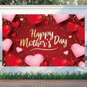 Happy Mother's Day Banner 7x5 FT Large Reusable Mother's Day Backdrop for Mother's Day Indoor and Outdoor Party Decorations (Red Heart)