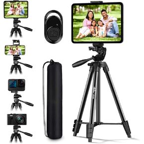 MoKo 60" Camera Phone Tripod Stand Compatible with Canon Nikon, Lightweight Aluminum DSLR Camera Phone Tablet Tripod Stand Mount Holder with Storage Bag, Max Load 6.61 lbs, Black